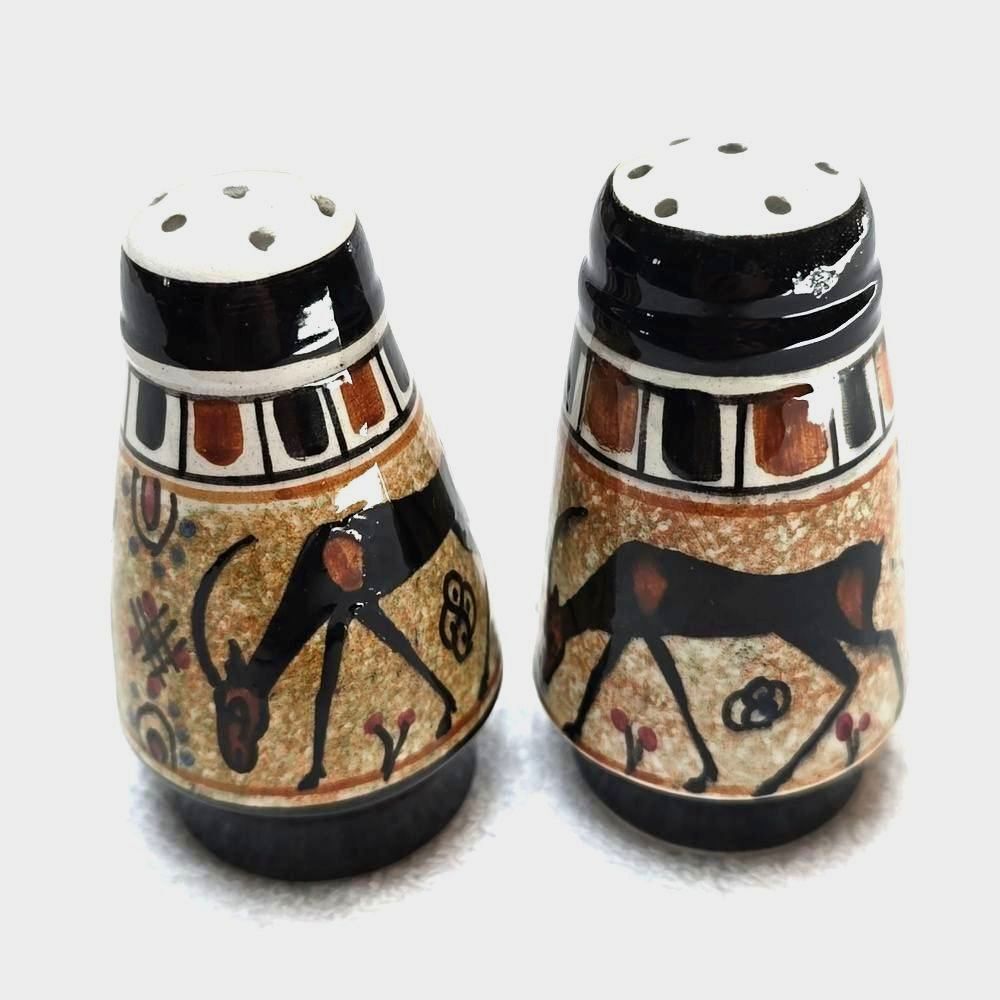 VTG Handmade Greek Pottery Salt & Pepper Shakers - Wild Goat Style Black Figure
